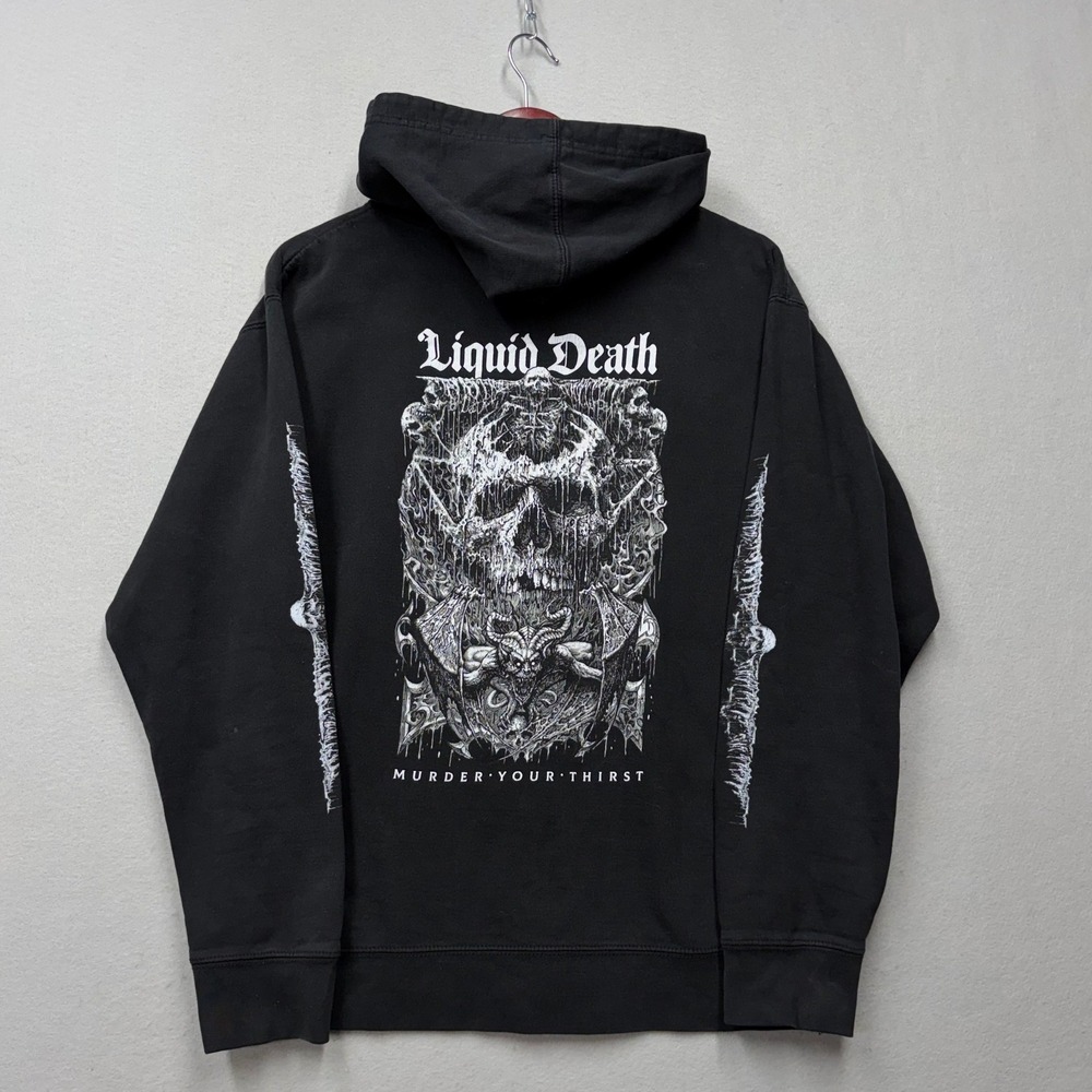 Liquid Death Hoodie Mens Medium Black Murder Your Thirst Zip Up Skull Graphic